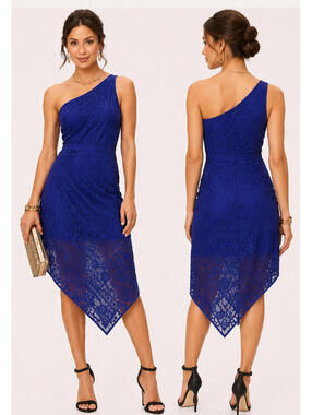 Adrianna Papell One Shoulder Lace Cocktail Dress Navy Blue Asymmetrical Hem sz 6